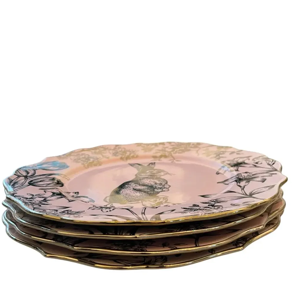 222 Fifth Pink Gold Bunny Hill 10.75” Porcelain Dinner Plates Easter Set/4 New